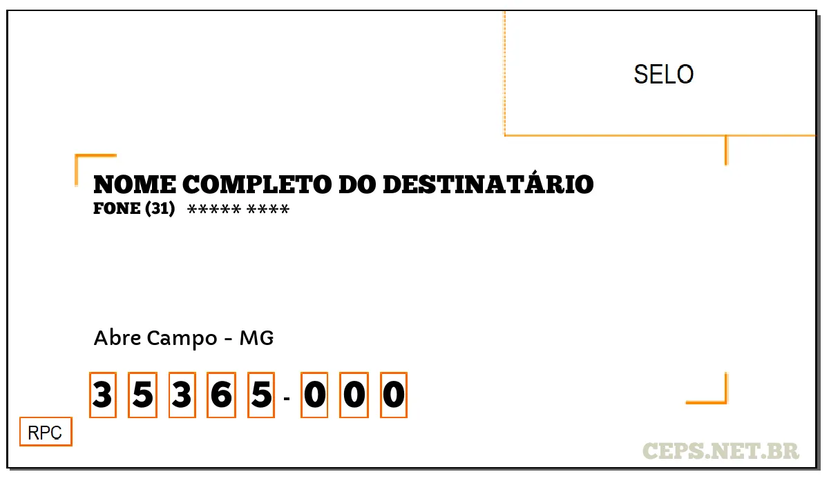 CEP ABRE CAMPO - MG, DDD 31, CEP 35365000, , BAIRRO .