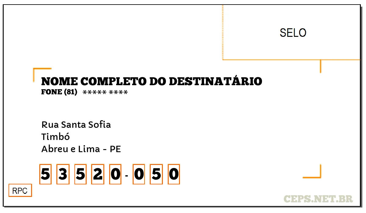 CEP ABREU E LIMA - PE, DDD 81, CEP 53520050, RUA SANTA SOFIA, BAIRRO TIMBÓ.