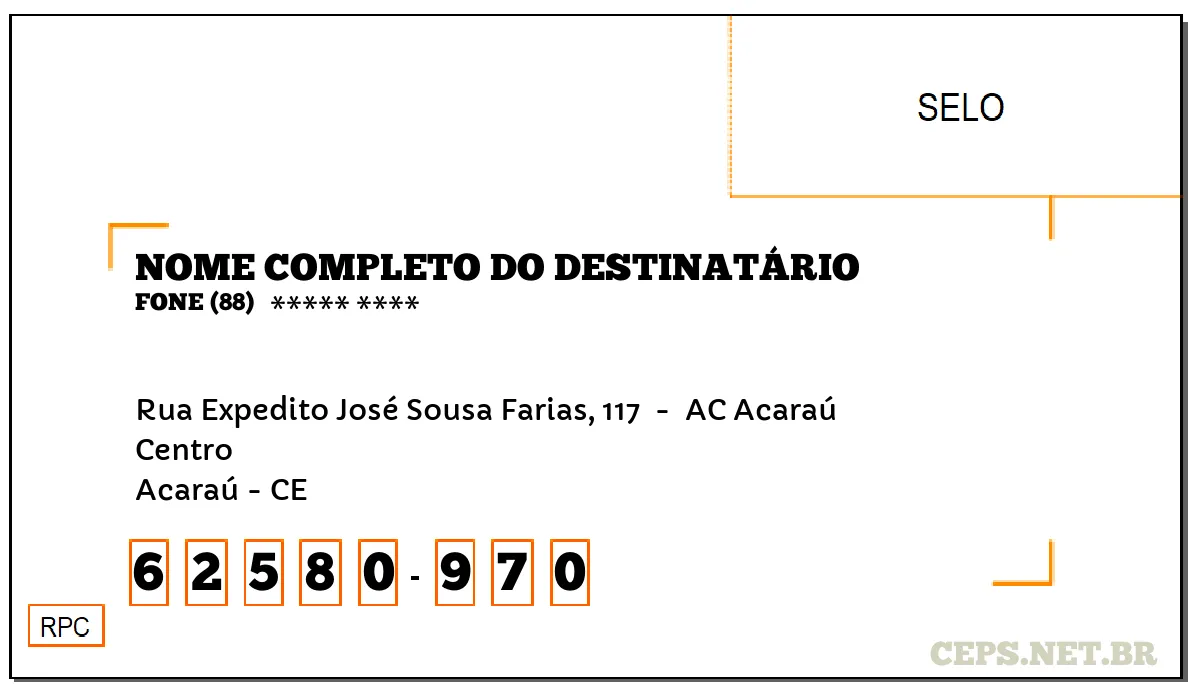 CEP ACARAÚ - CE, DDD 88, CEP 62580970, RUA EXPEDITO JOSÉ SOUSA FARIAS, 117 , BAIRRO CENTRO.