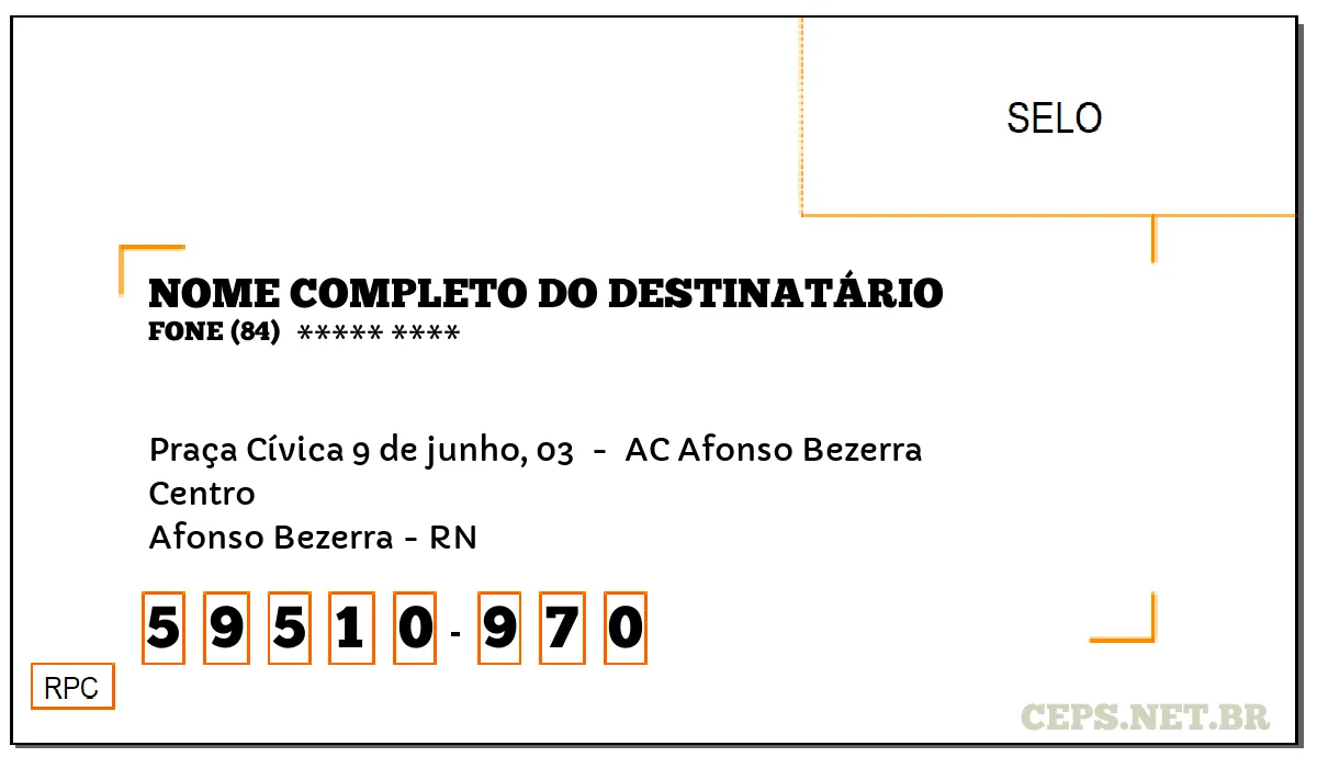 CEP AFONSO BEZERRA - RN, DDD 84, CEP 59510970, PRAÇA CÍVICA 9 DE JUNHO, 03 , BAIRRO CENTRO.