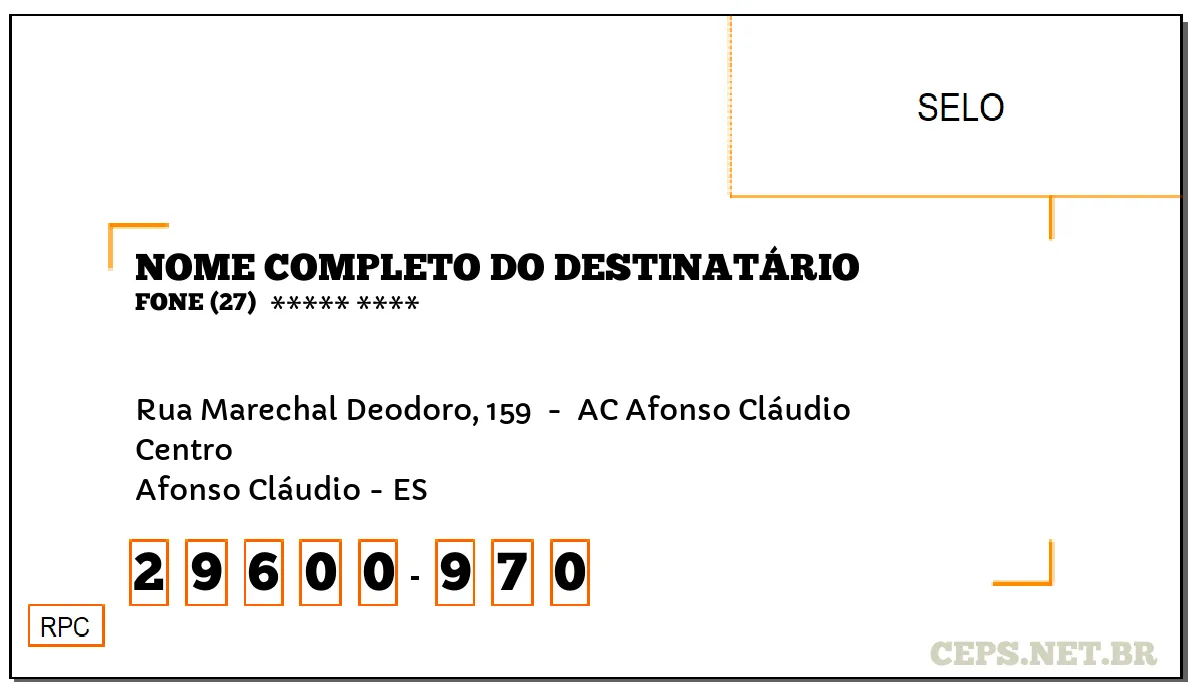 CEP AFONSO CLÁUDIO - ES, DDD 27, CEP 29600970, RUA MARECHAL DEODORO, 159 , BAIRRO CENTRO.