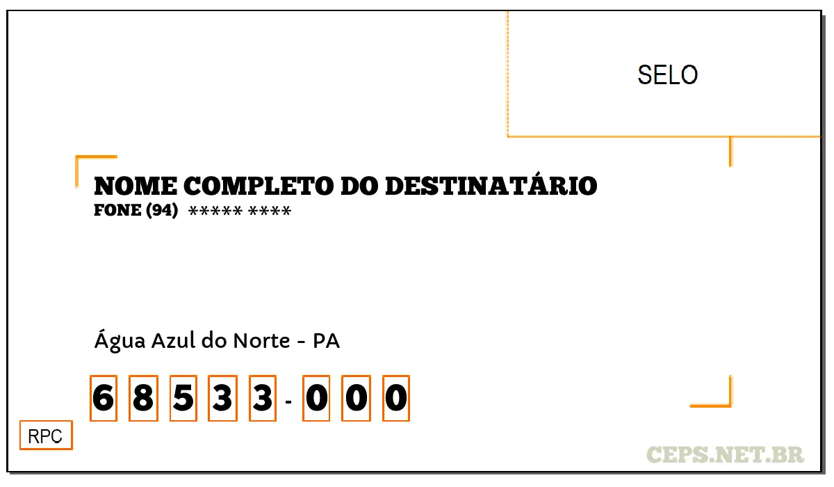 CEP ÁGUA AZUL DO NORTE - PA, DDD 94, CEP 68533000, , BAIRRO .