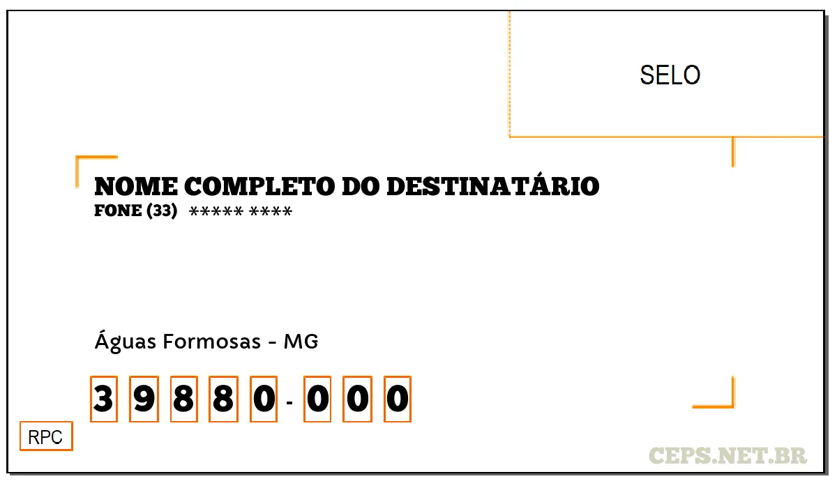 CEP ÁGUAS FORMOSAS - MG, DDD 33, CEP 39880000, , BAIRRO .