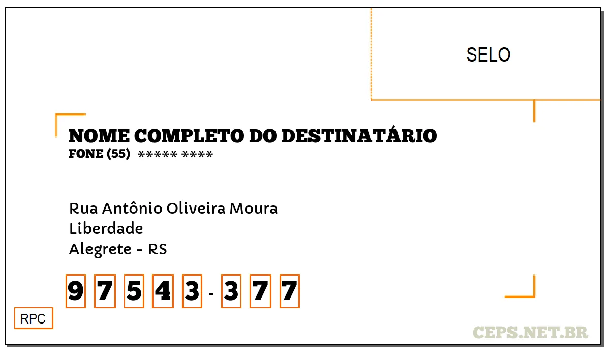 CEP ALEGRETE - RS, DDD 55, CEP 97543377, RUA ANTÔNIO OLIVEIRA MOURA, BAIRRO LIBERDADE.