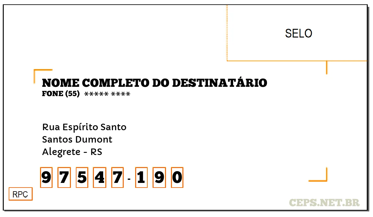 CEP ALEGRETE - RS, DDD 55, CEP 97547190, RUA ESPÍRITO SANTO, BAIRRO SANTOS DUMONT.