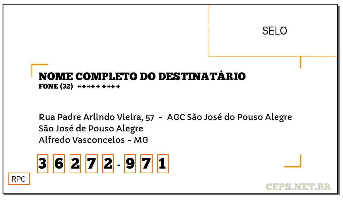 CEP ALFREDO VASCONCELOS - MG, DDD 32, CEP 36272971, RUA PADRE ARLINDO VIEIRA, 57 , BAIRRO SÃO JOSÉ DE POUSO ALEGRE.