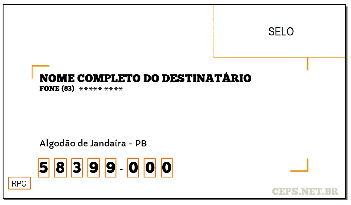 CEP ALGODÃO DE JANDAÍRA - PB, DDD 83, CEP 58399000, , BAIRRO .