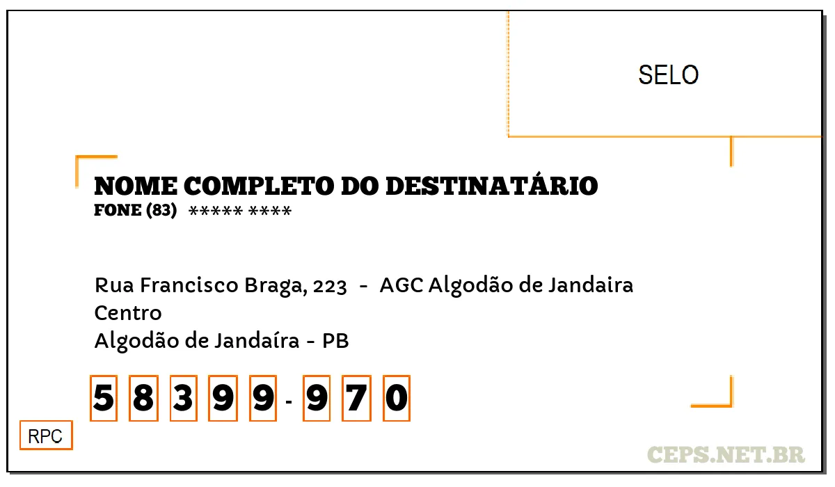 CEP ALGODÃO DE JANDAÍRA - PB, DDD 83, CEP 58399970, RUA FRANCISCO BRAGA, 223 , BAIRRO CENTRO.