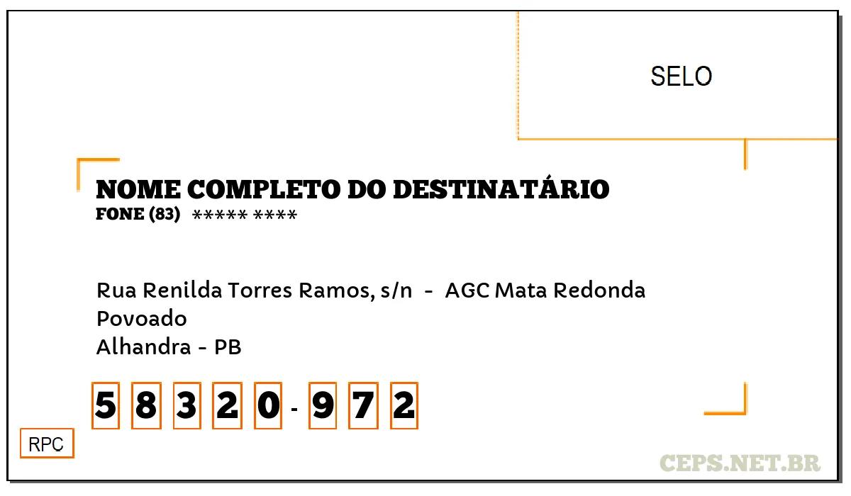 CEP ALHANDRA - PB, DDD 83, CEP 58320972, RUA RENILDA TORRES RAMOS, S/N , BAIRRO POVOADO.