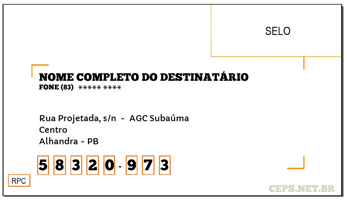 CEP ALHANDRA - PB, DDD 83, CEP 58320973, RUA PROJETADA, S/N , BAIRRO CENTRO.