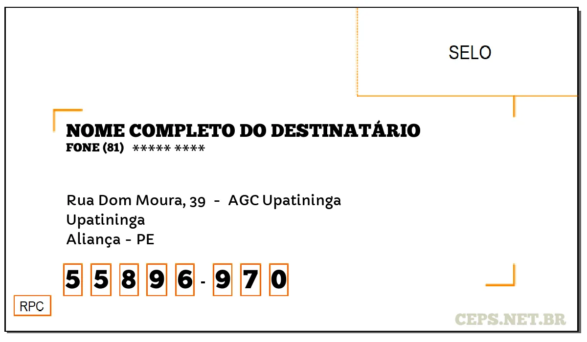 CEP ALIANÇA - PE, DDD 81, CEP 55896970, RUA DOM MOURA, 39 , BAIRRO UPATININGA.