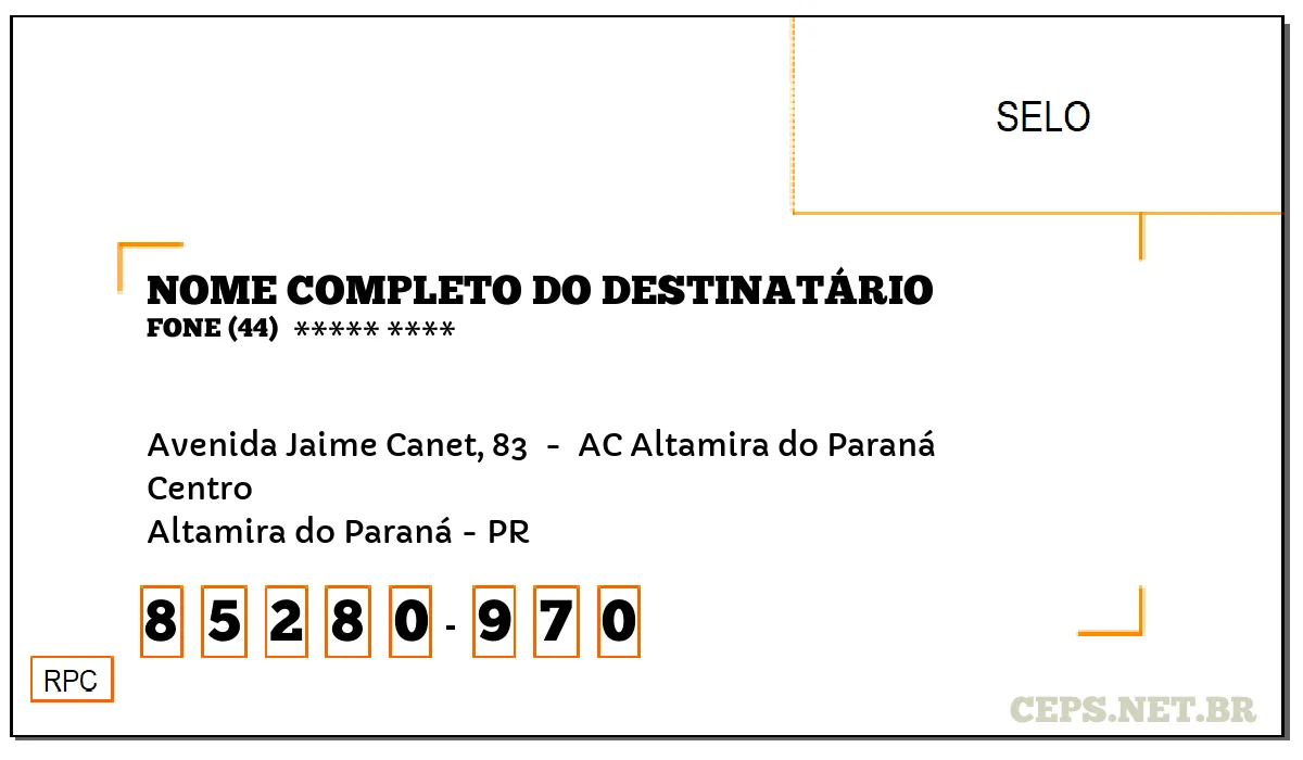 CEP ALTAMIRA DO PARANÁ - PR, DDD 44, CEP 85280970, AVENIDA JAIME CANET, 83 , BAIRRO CENTRO.