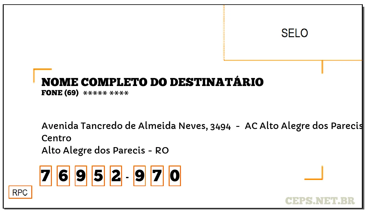 CEP ALTO ALEGRE DOS PARECIS - RO, DDD 69, CEP 76952970, AVENIDA TANCREDO DE ALMEIDA NEVES, 3494 , BAIRRO CENTRO.