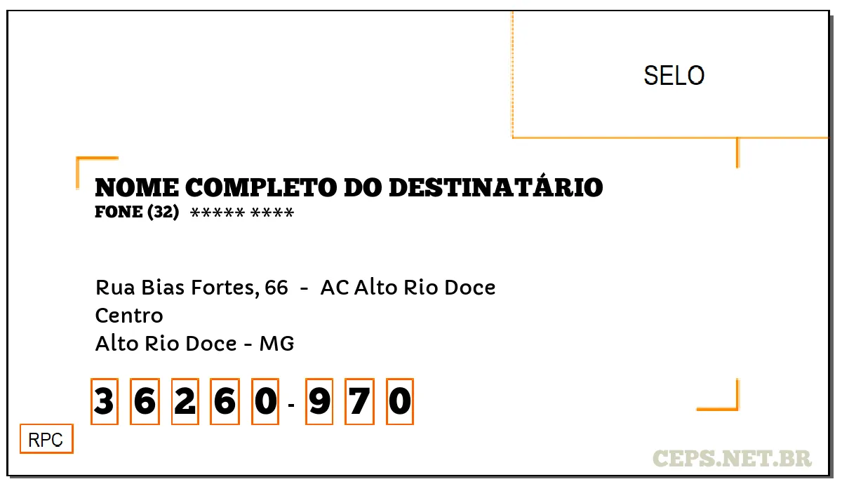 CEP ALTO RIO DOCE - MG, DDD 32, CEP 36260970, RUA BIAS FORTES, 66 , BAIRRO CENTRO.