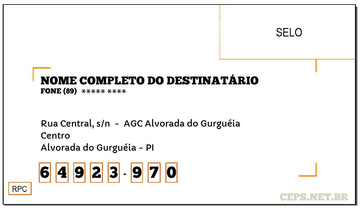 CEP ALVORADA DO GURGUÉIA - PI, DDD 89, CEP 64923970, RUA CENTRAL, S/N , BAIRRO CENTRO.