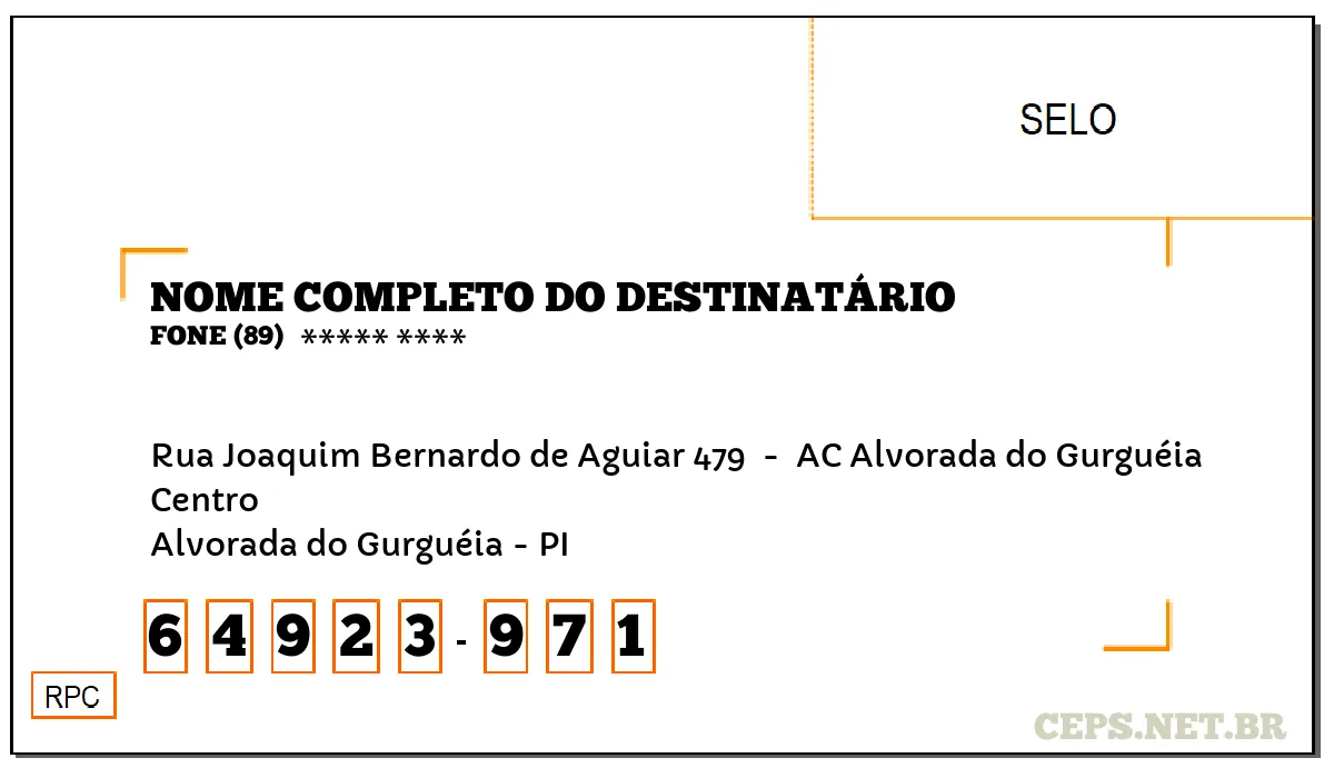 CEP ALVORADA DO GURGUÉIA - PI, DDD 89, CEP 64923971, RUA JOAQUIM BERNARDO DE AGUIAR 479 , BAIRRO CENTRO.