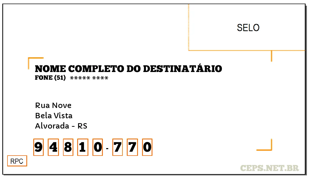 CEP ALVORADA - RS, DDD 51, CEP 94810770, RUA NOVE, BAIRRO BELA VISTA.