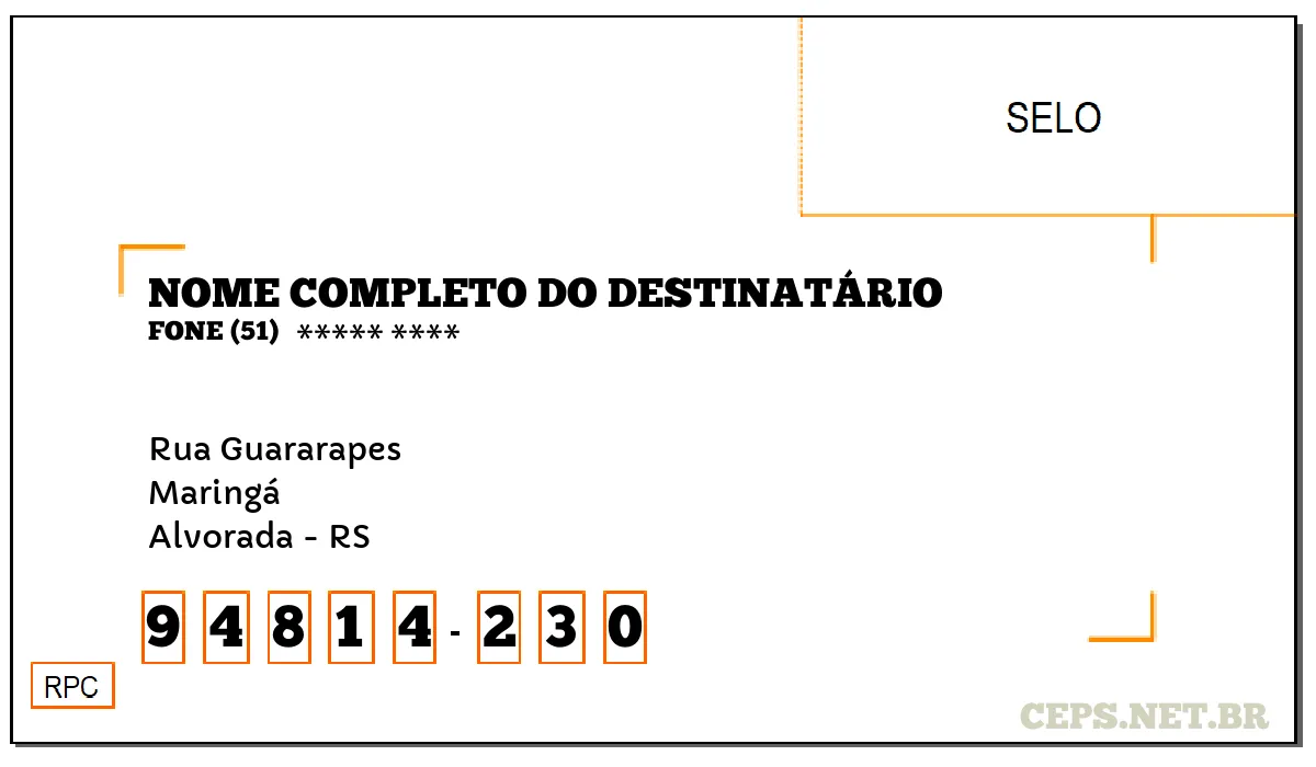 CEP ALVORADA - RS, DDD 51, CEP 94814230, RUA GUARARAPES, BAIRRO MARINGÁ.