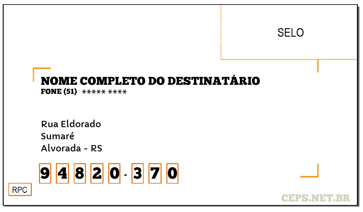 CEP ALVORADA - RS, DDD 51, CEP 94820370, RUA ELDORADO, BAIRRO SUMARÉ.