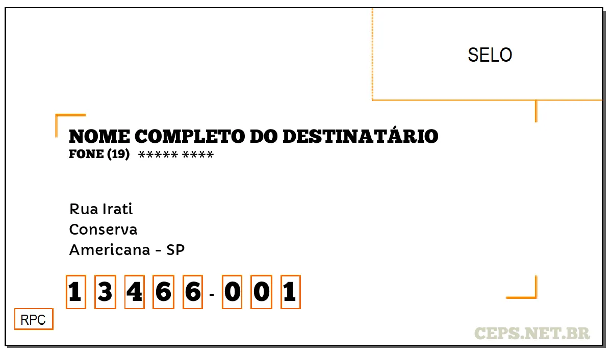 CEP AMERICANA - SP, DDD 19, CEP 13466001, RUA IRATI, BAIRRO CONSERVA.