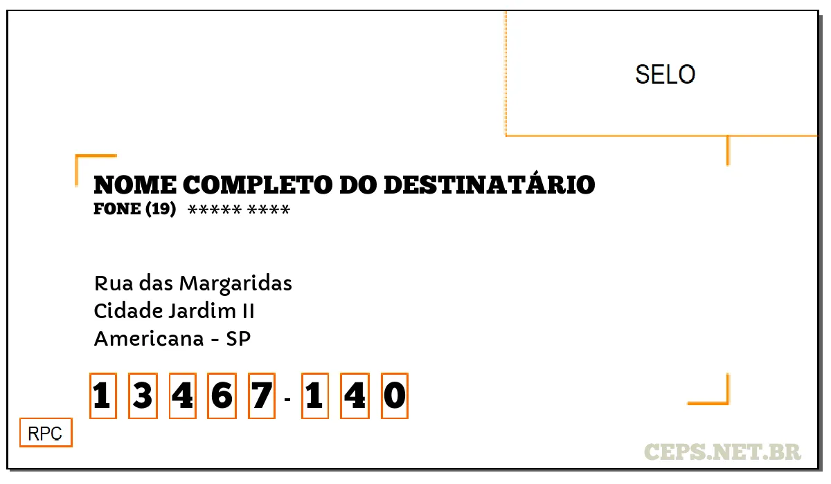 CEP AMERICANA - SP, DDD 19, CEP 13467140, RUA DAS MARGARIDAS, BAIRRO CIDADE JARDIM II.