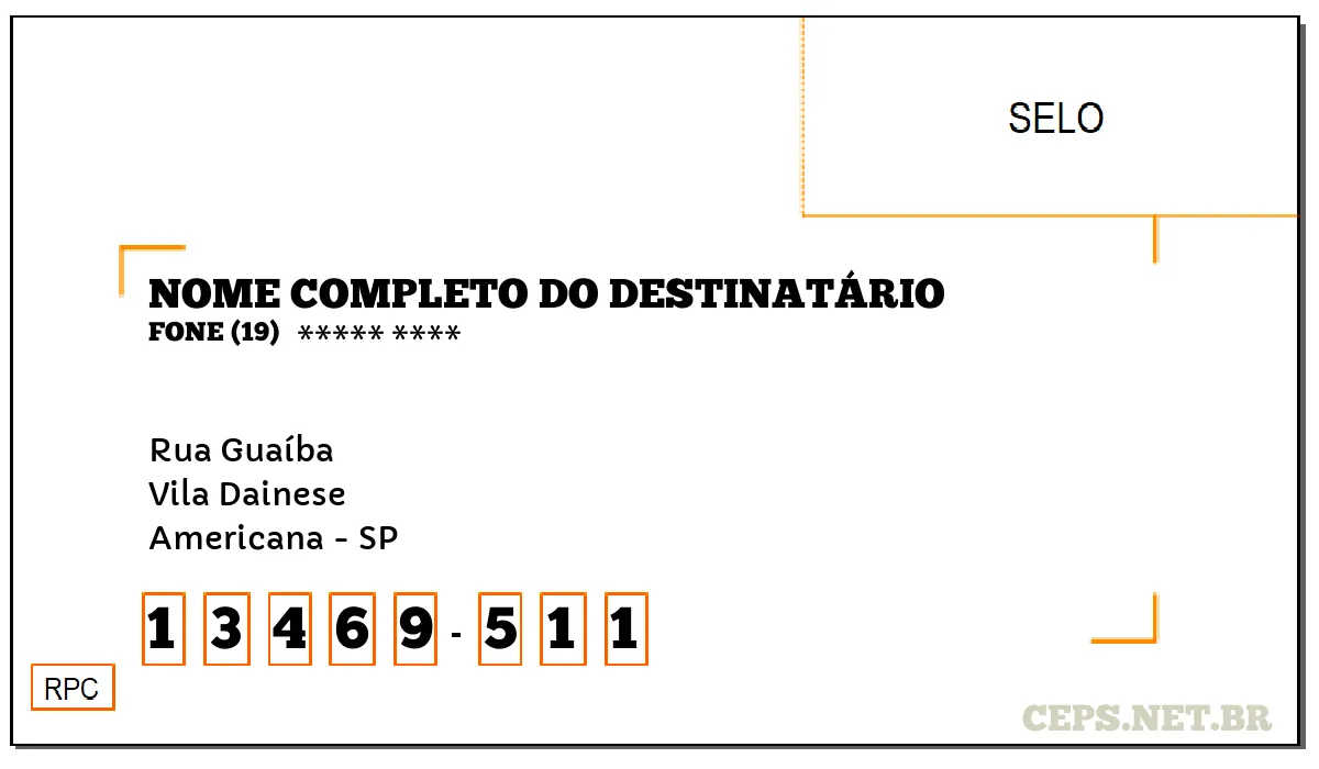 CEP AMERICANA - SP, DDD 19, CEP 13469511, RUA GUAÍBA, BAIRRO VILA DAINESE.