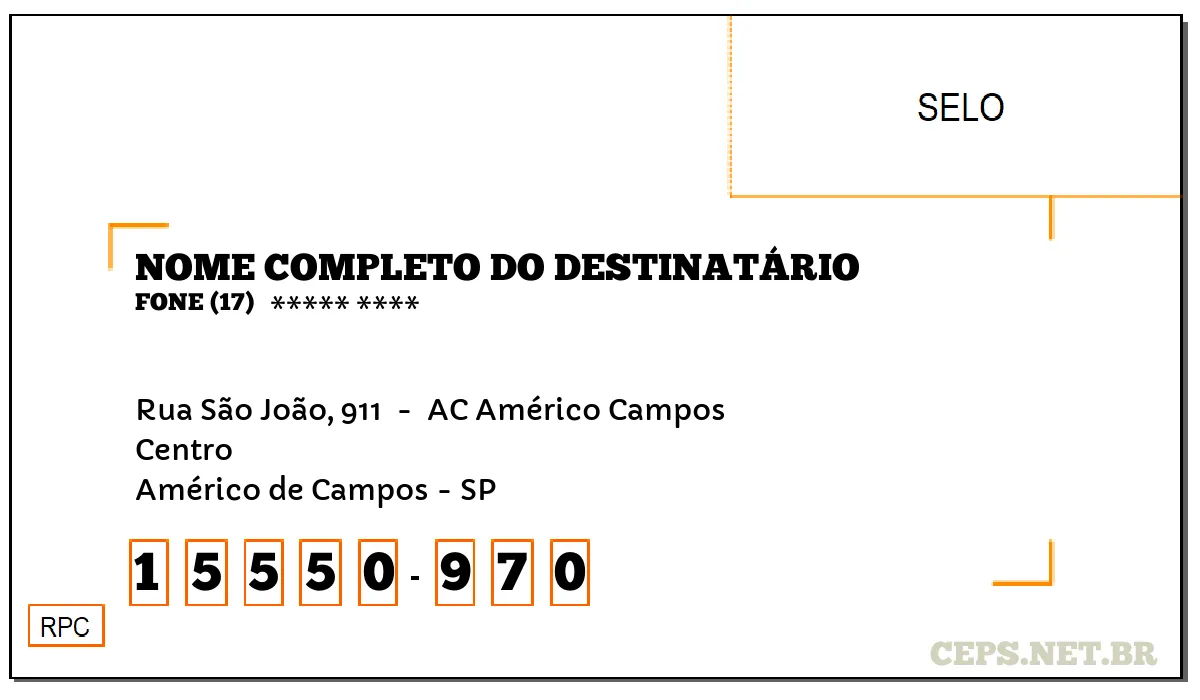 CEP AMÉRICO DE CAMPOS - SP, DDD 17, CEP 15550970, RUA SÃO JOÃO, 911 , BAIRRO CENTRO.