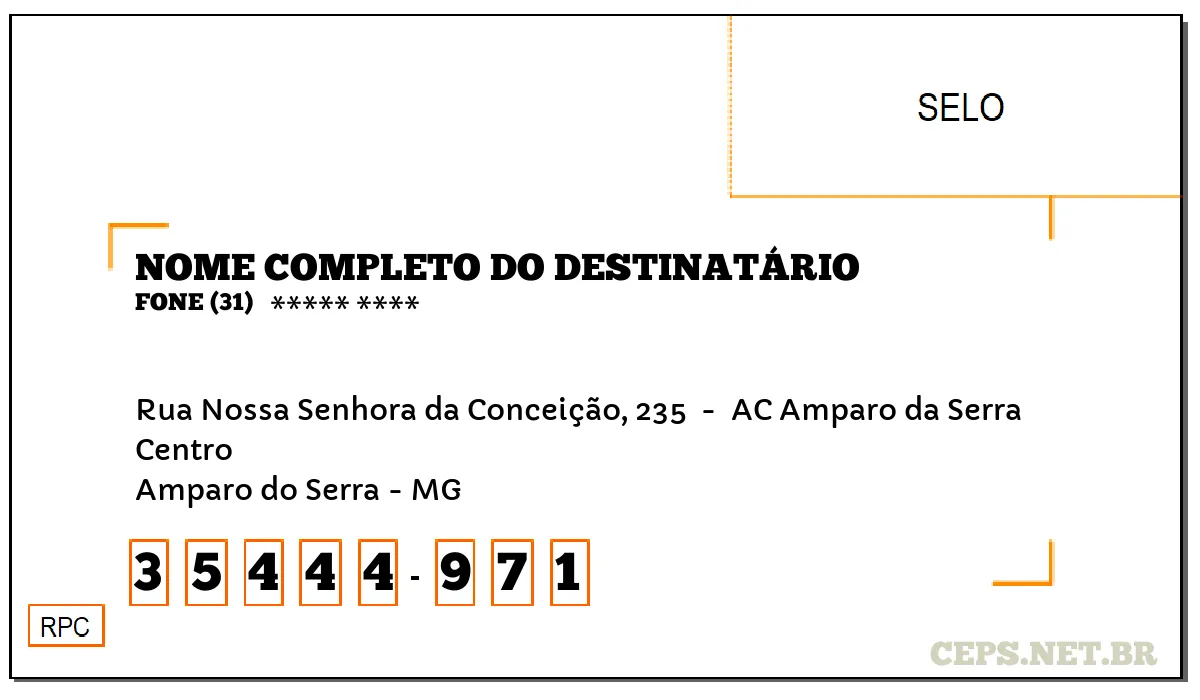 CEP AMPARO DO SERRA - MG, DDD 31, CEP 35444971, RUA NOSSA SENHORA DA CONCEIÇÃO, 235 , BAIRRO CENTRO.