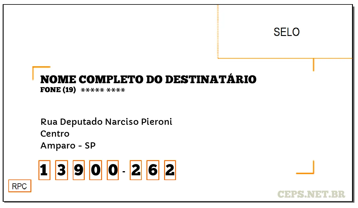 CEP AMPARO - SP, DDD 19, CEP 13900262, RUA DEPUTADO NARCISO PIERONI, BAIRRO CENTRO.