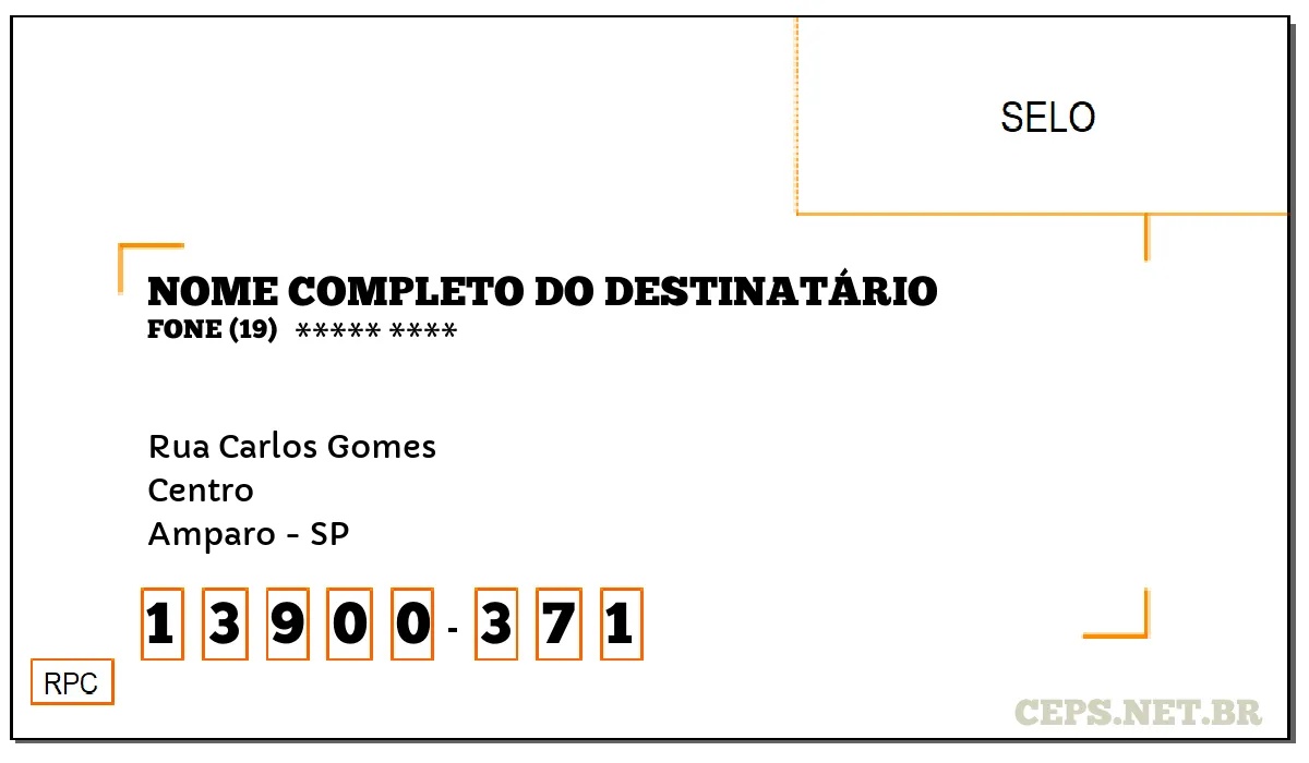 CEP AMPARO - SP, DDD 19, CEP 13900371, RUA CARLOS GOMES, BAIRRO CENTRO.