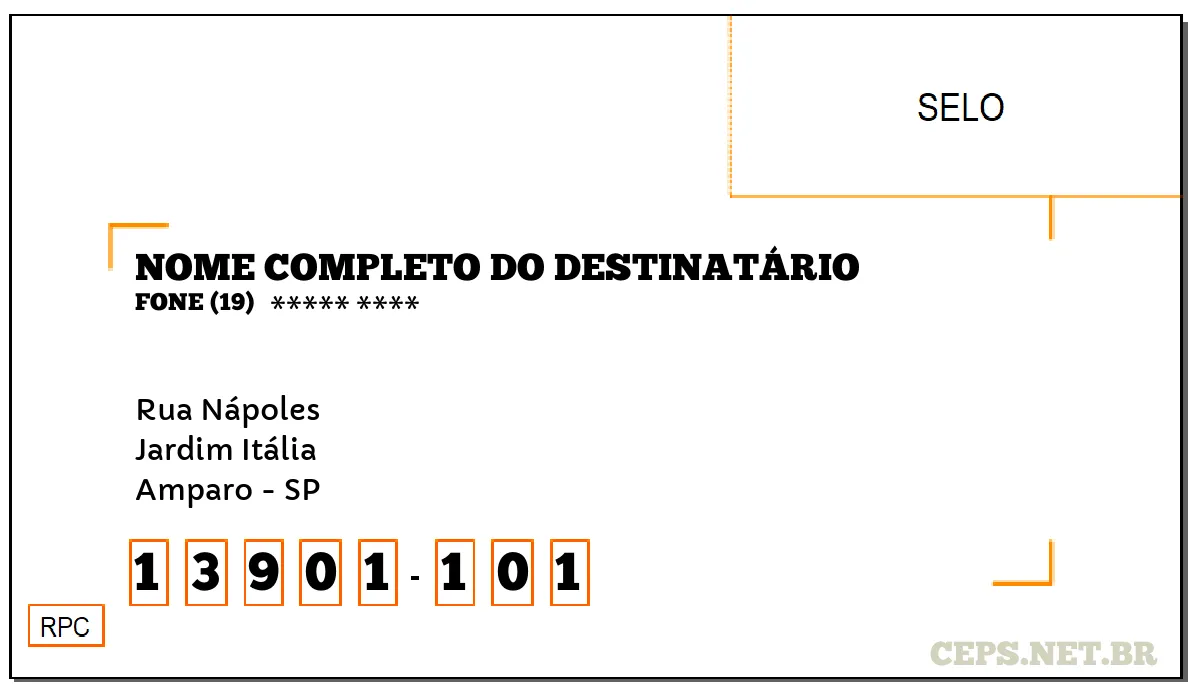 CEP AMPARO - SP, DDD 19, CEP 13901101, RUA NÁPOLES, BAIRRO JARDIM ITÁLIA.