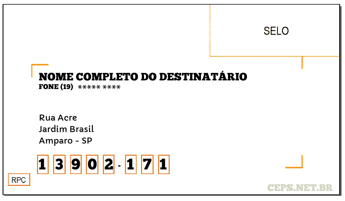 CEP AMPARO - SP, DDD 19, CEP 13902171, RUA ACRE, BAIRRO JARDIM BRASIL.