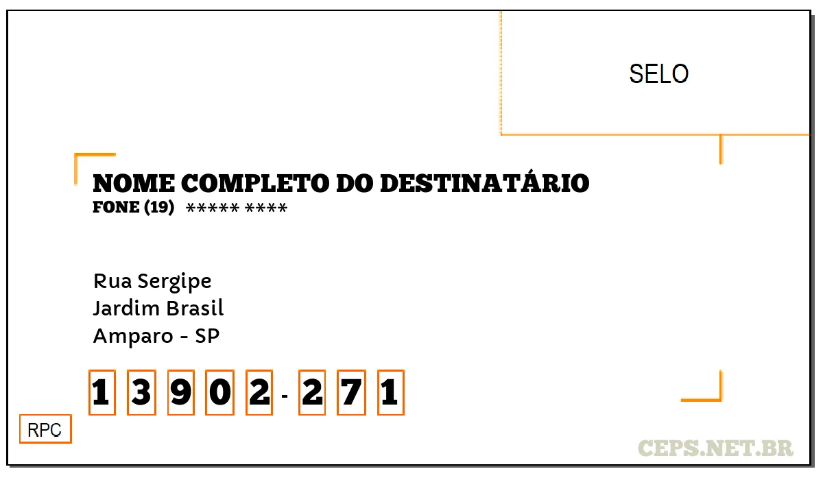 CEP AMPARO - SP, DDD 19, CEP 13902271, RUA SERGIPE, BAIRRO JARDIM BRASIL.