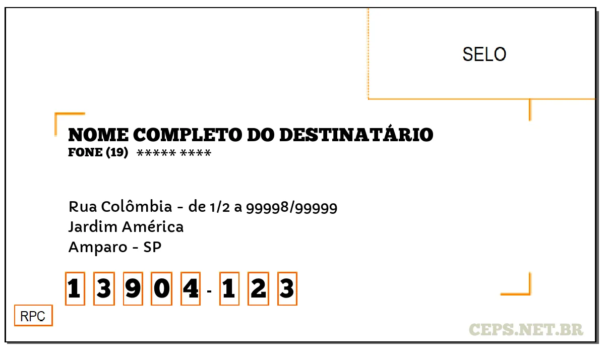 CEP AMPARO - SP, DDD 19, CEP 13904123, RUA COLÔMBIA - DE 1/2 A 99998/99999, BAIRRO JARDIM AMÉRICA.