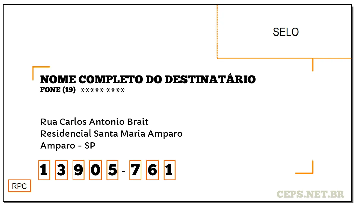 CEP AMPARO - SP, DDD 19, CEP 13905761, RUA CARLOS ANTONIO BRAIT, BAIRRO RESIDENCIAL SANTA MARIA AMPARO.