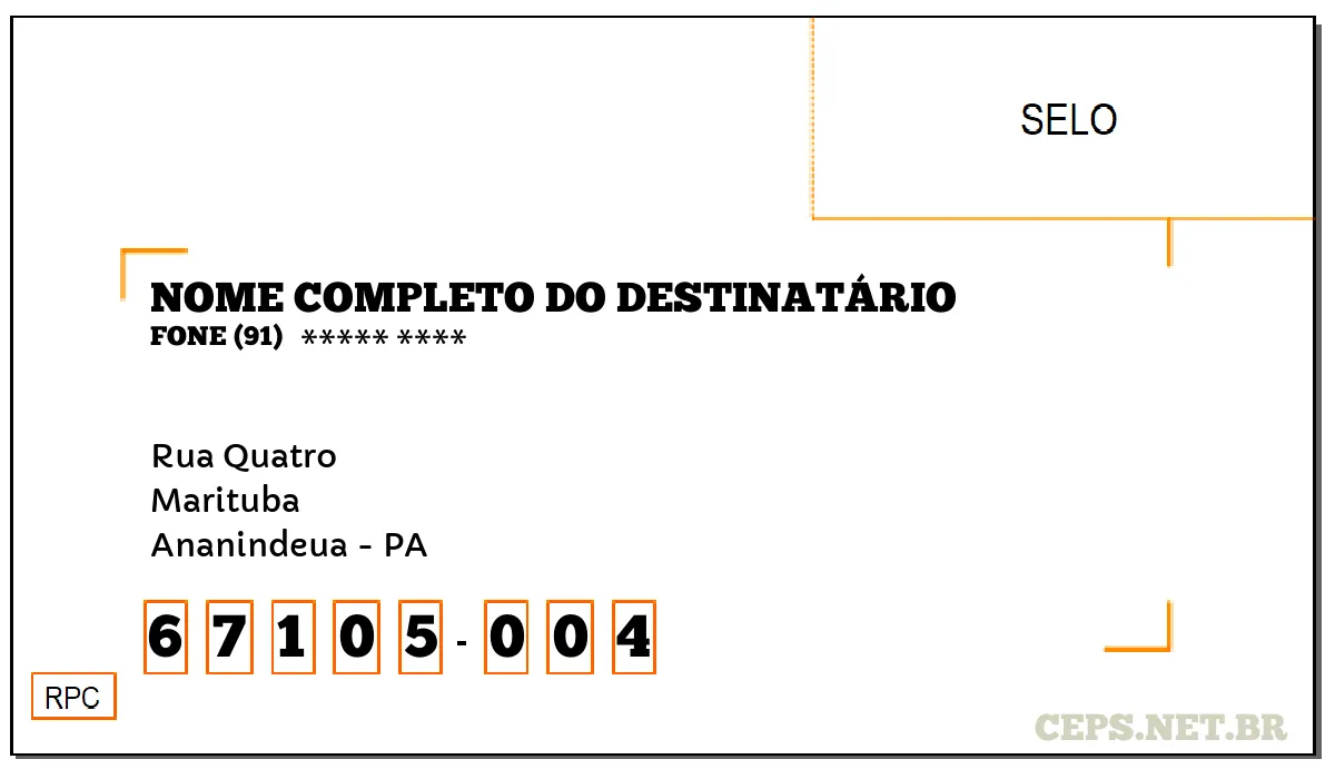 CEP ANANINDEUA - PA, DDD 91, CEP 67105004, RUA QUATRO, BAIRRO MARITUBA.