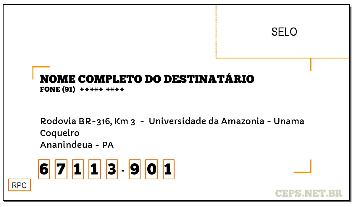 CEP ANANINDEUA - PA, DDD 91, CEP 67113901, RODOVIA BR-316, KM 3 , BAIRRO COQUEIRO.