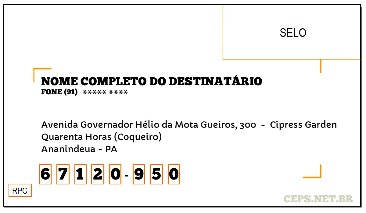 CEP ANANINDEUA - PA, DDD 91, CEP 67120950, AVENIDA GOVERNADOR HÉLIO DA MOTA GUEIROS, 300 , BAIRRO QUARENTA HORAS (COQUEIRO).