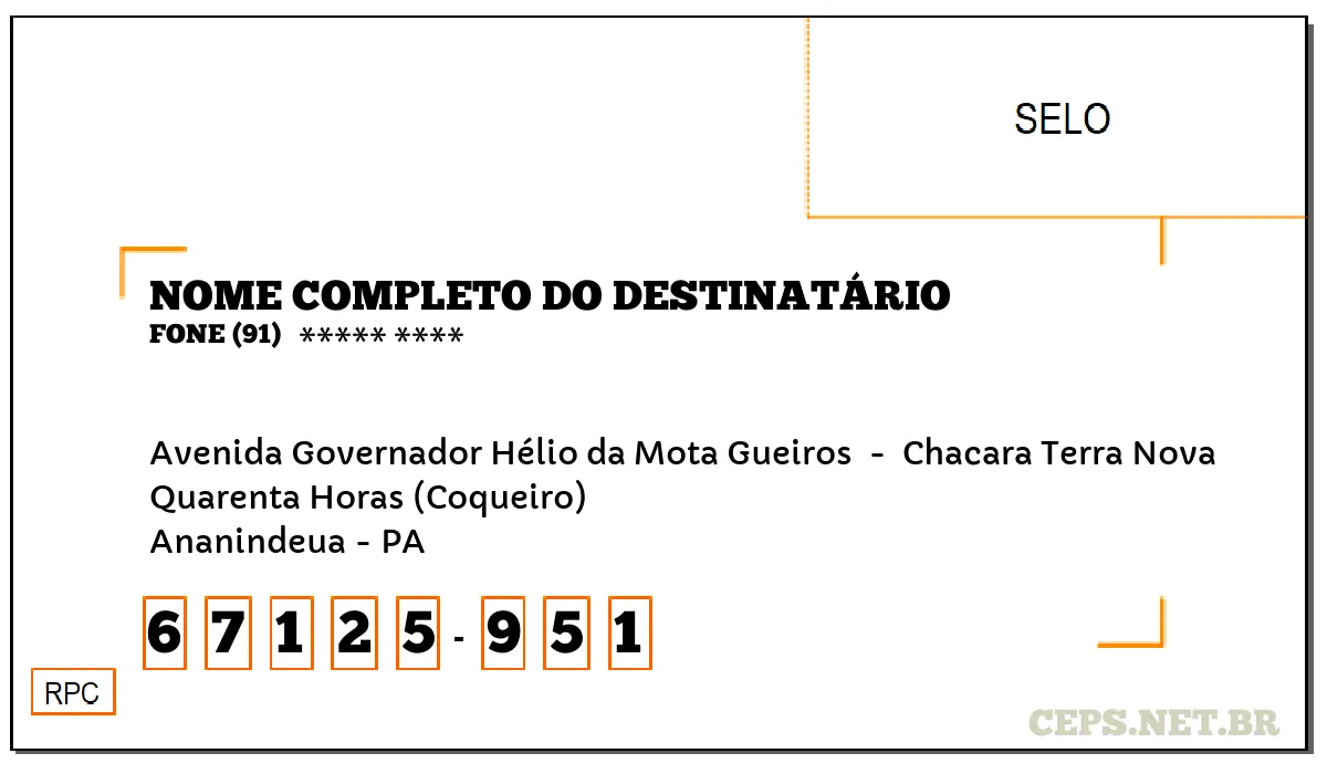 CEP ANANINDEUA - PA, DDD 91, CEP 67125951, AVENIDA GOVERNADOR HÉLIO DA MOTA GUEIROS , BAIRRO QUARENTA HORAS (COQUEIRO).