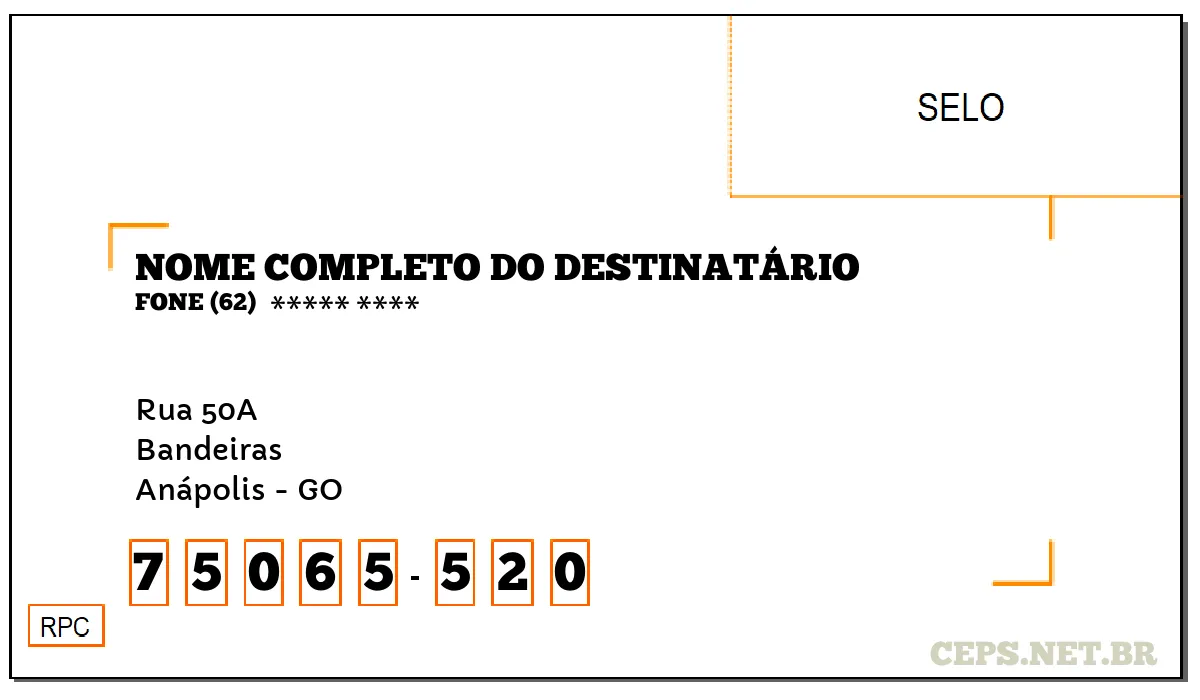 CEP ANÁPOLIS - GO, DDD 62, CEP 75065520, RUA 50A, BAIRRO BANDEIRAS.