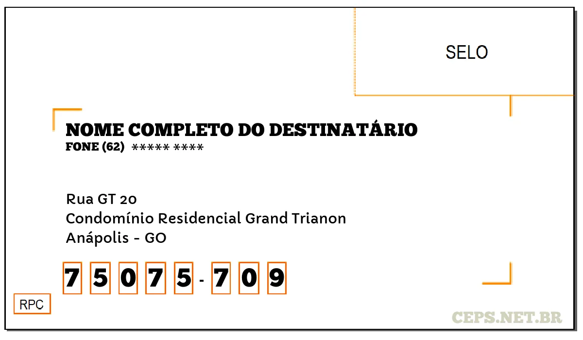 CEP ANÁPOLIS - GO, DDD 62, CEP 75075709, RUA GT 20, BAIRRO CONDOMÍNIO RESIDENCIAL GRAND TRIANON.