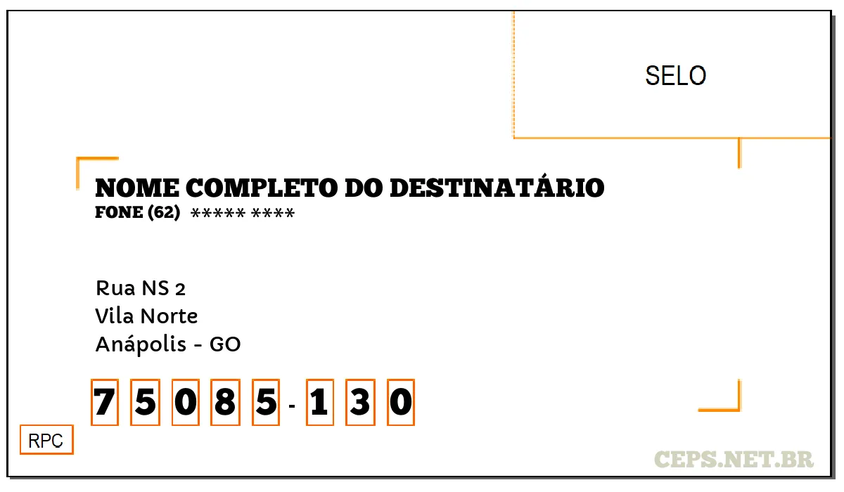 CEP ANÁPOLIS - GO, DDD 62, CEP 75085130, RUA NS 2, BAIRRO VILA NORTE.