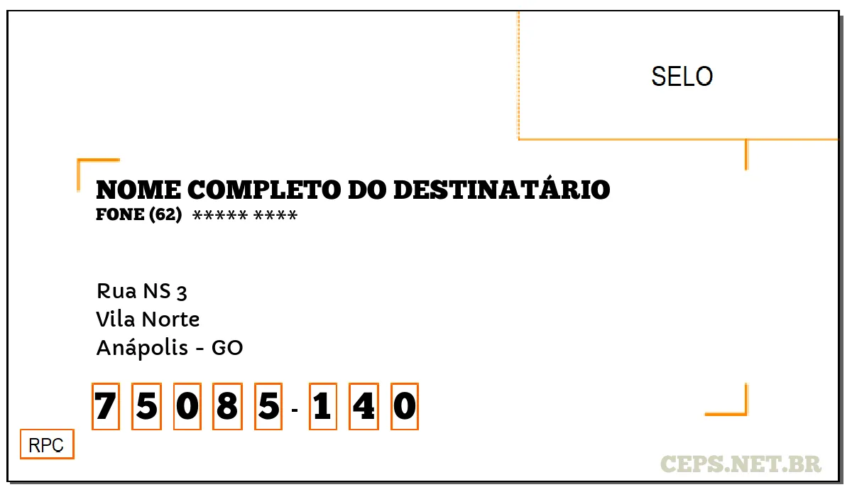 CEP ANÁPOLIS - GO, DDD 62, CEP 75085140, RUA NS 3, BAIRRO VILA NORTE.