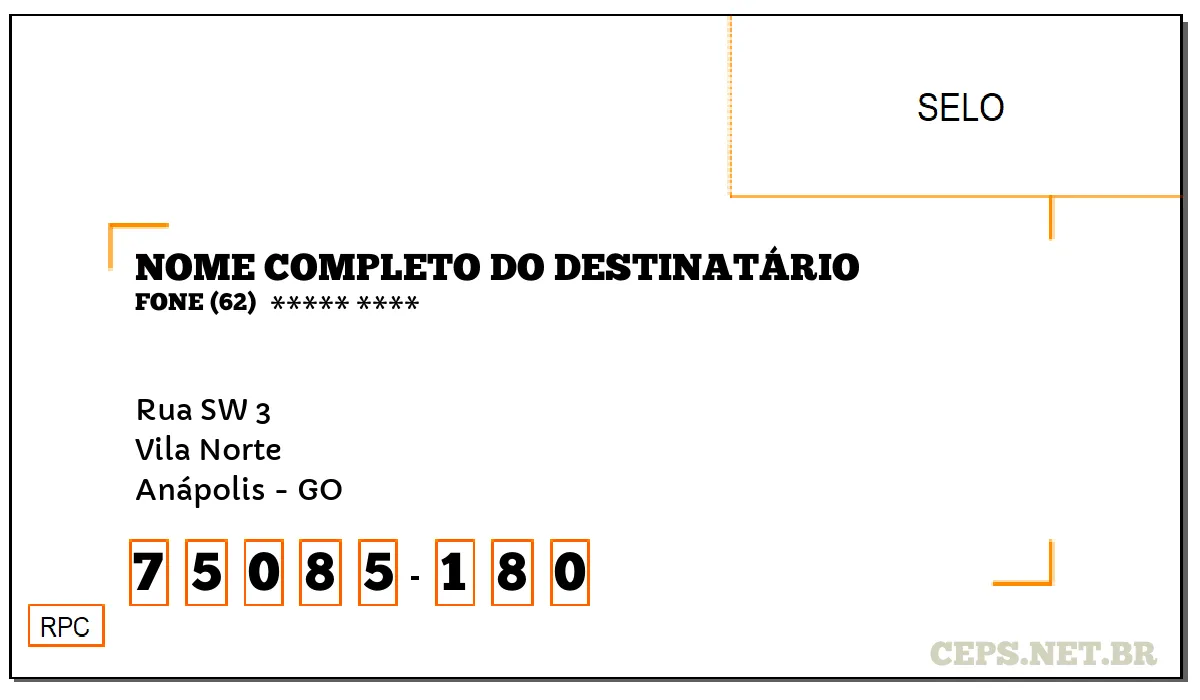 CEP ANÁPOLIS - GO, DDD 62, CEP 75085180, RUA SW 3, BAIRRO VILA NORTE.