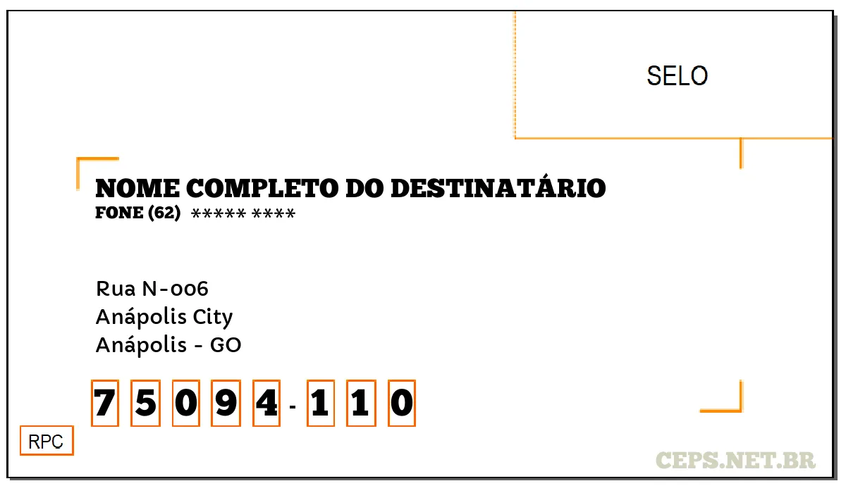 CEP ANÁPOLIS - GO, DDD 62, CEP 75094110, RUA N-006, BAIRRO ANÁPOLIS CITY.