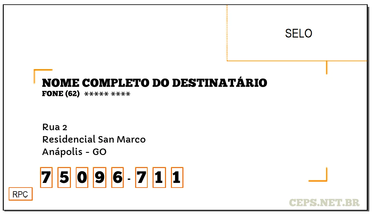 CEP ANÁPOLIS - GO, DDD 62, CEP 75096711, RUA 2, BAIRRO RESIDENCIAL SAN MARCO.