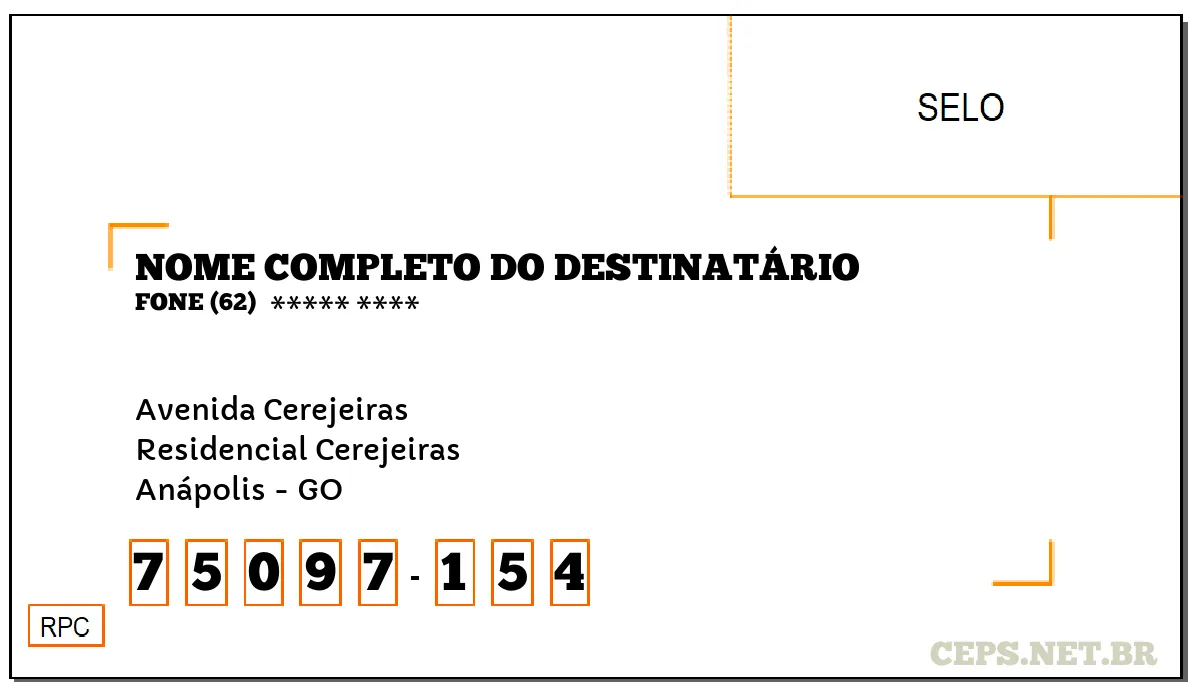 CEP ANÁPOLIS - GO, DDD 62, CEP 75097154, AVENIDA CEREJEIRAS, BAIRRO RESIDENCIAL CEREJEIRAS.