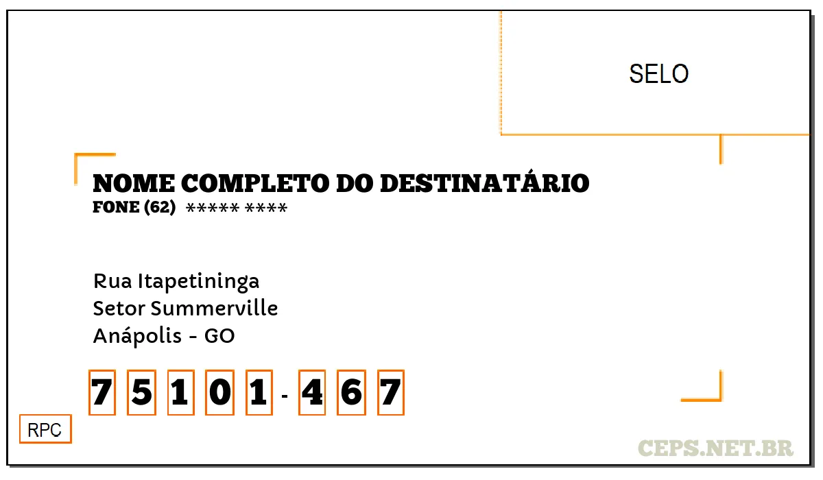 CEP ANÁPOLIS - GO, DDD 62, CEP 75101467, RUA ITAPETININGA, BAIRRO SETOR SUMMERVILLE.