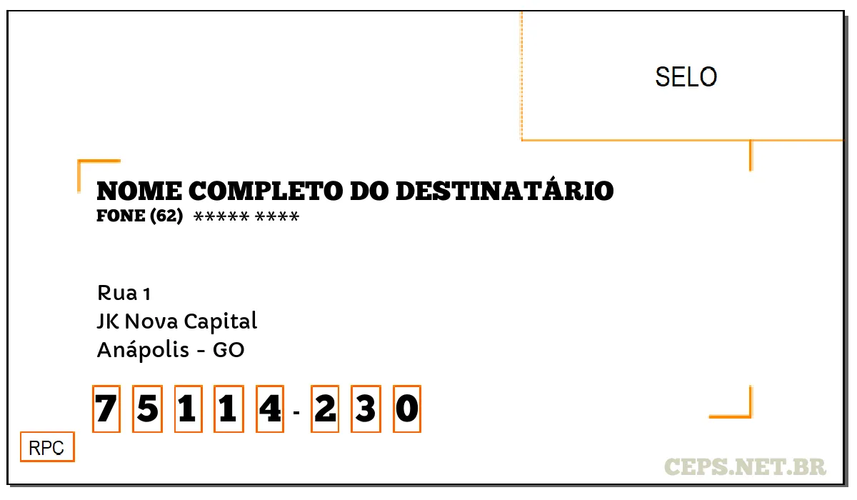 CEP ANÁPOLIS - GO, DDD 62, CEP 75114230, RUA 1, BAIRRO JK NOVA CAPITAL.