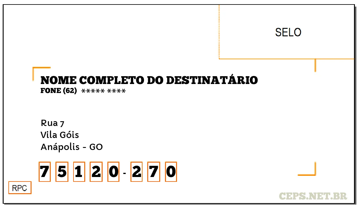 CEP ANÁPOLIS - GO, DDD 62, CEP 75120270, RUA 7, BAIRRO VILA GÓIS.